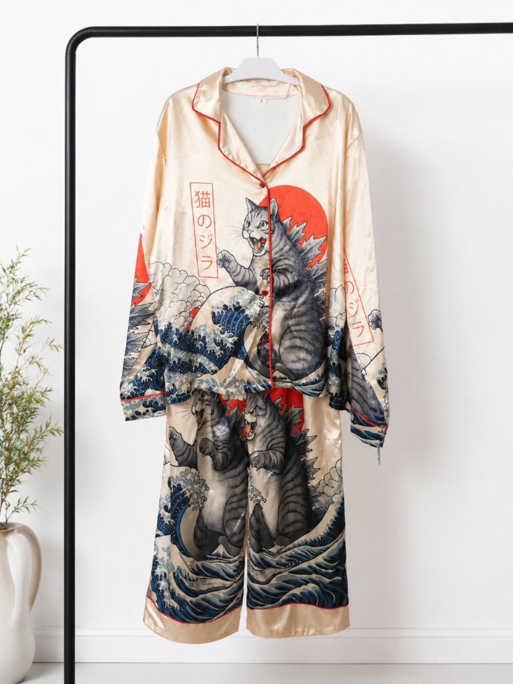Japanese Cat Catzilla Kaiju Satin Comfy Lounge Pajama Set